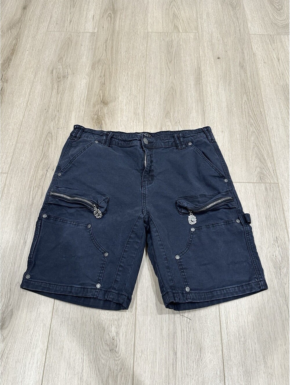 Godspeed Carpenter Distressed Sun Faded Black Shorts Double Knee Size XL